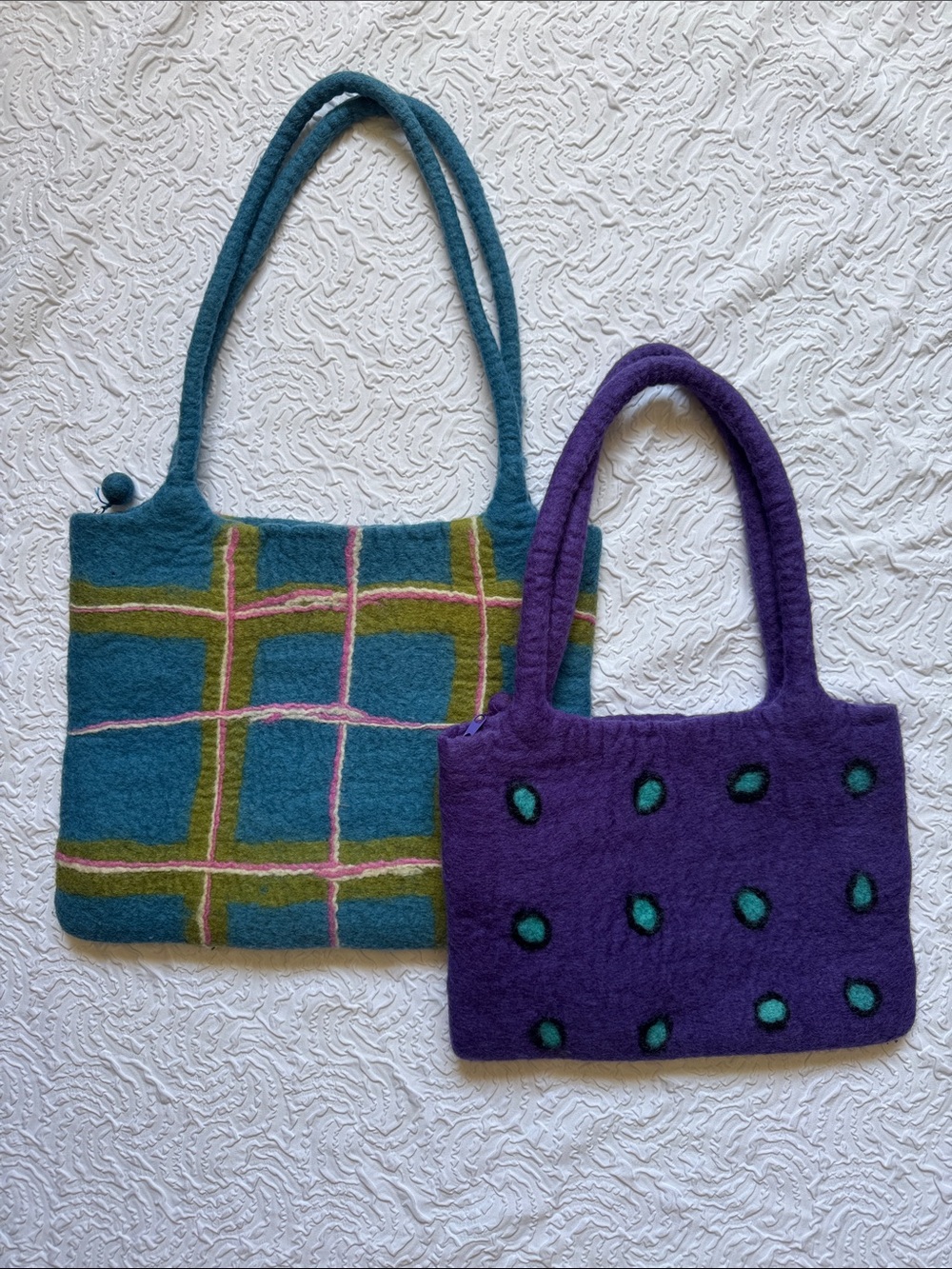 Teal Plaid & Purple Spot Shoulder Bags - Handcrafted Wool